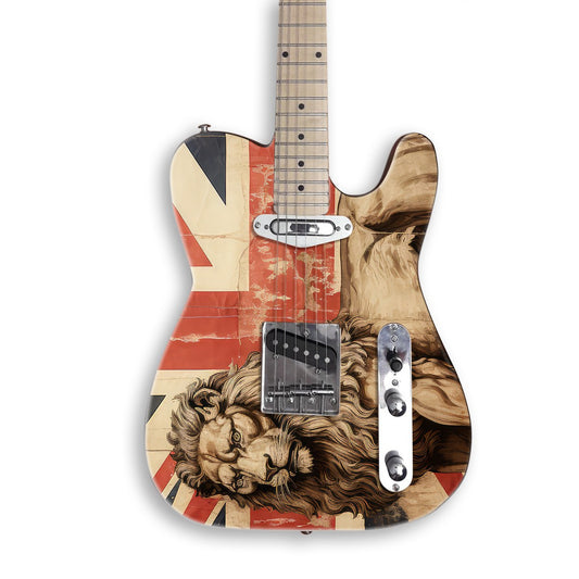 Vintage British Lion Flag guitar skin on a black Tele-style guitar