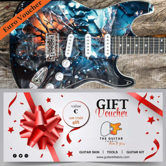 EURO Gift Voucher with electric guitar skin showing blue and orange abstract design and orange banner at top