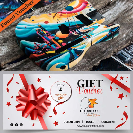 GBP Gift Voucher displayed with colorful guitar skins above red ribbon and bow, showing value, code, and The Guitar Fabrik