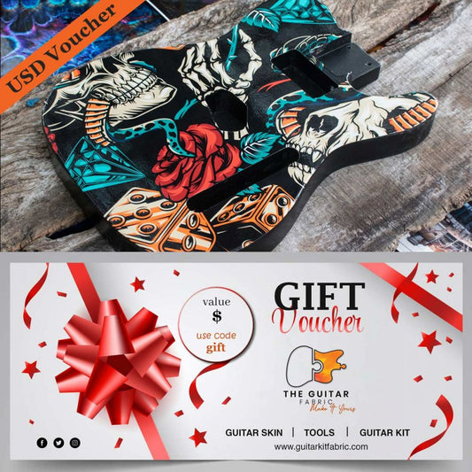 USD Gift Voucher displayed on colorful guitar skin with skull and floral designs in black, teal, orange, and red tones.