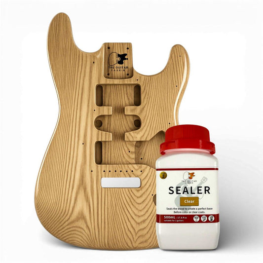 Water-Based Clear Sealer 500mL bottle displayed next to unfinished guitar body showing wood grain texture.