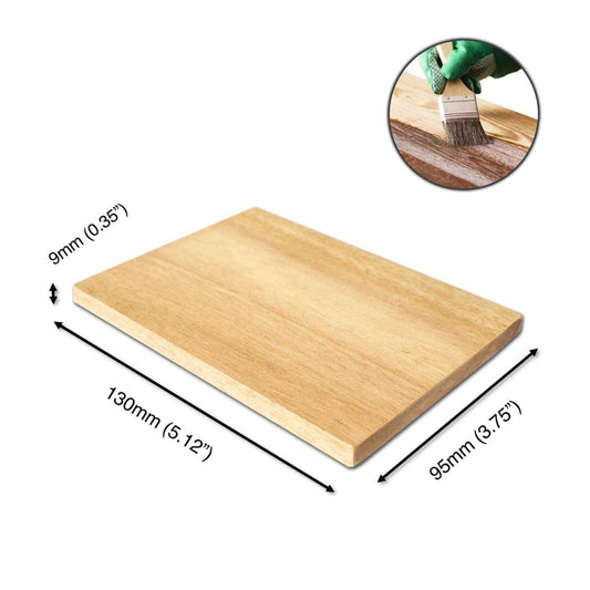 Mahogany paint testing block shown at angle with dimensions labeled and brush application detail inset