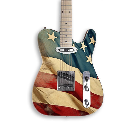Weathered Stars and Stripes guitar skin on a black Tele-style guitar
