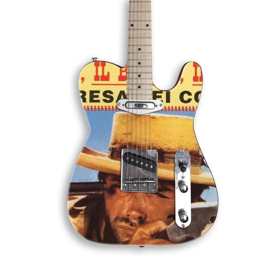 Western Gunslinger Poster guitar skin on a black Tele-style guitar