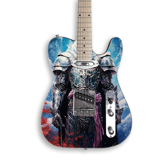 Winter Armoured Knight guitar skin on a black Tele-style guitar