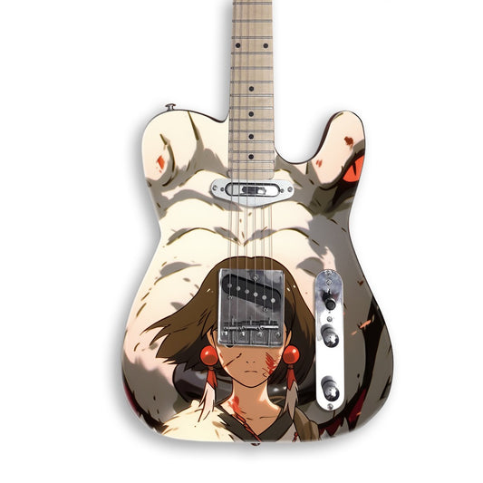 Wolf Guardian Warrior Girl guitar skin on a black Tele-style guitar