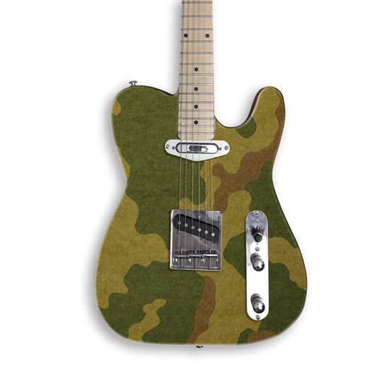 Woodland Camo Canvas guitar skin on a black Tele-style guitar