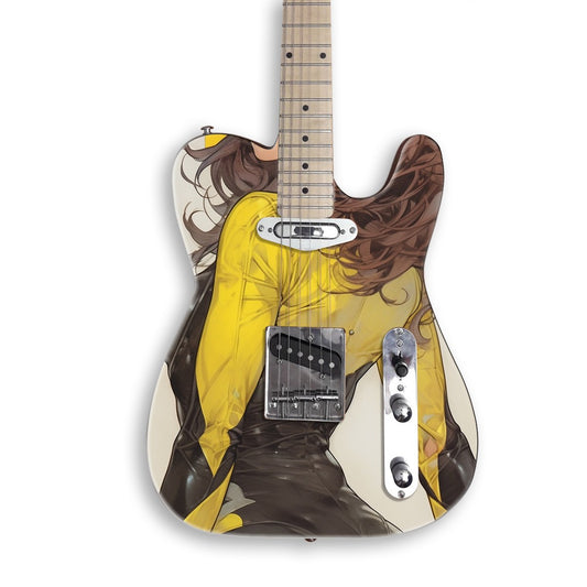 Yellow Suit Heroine guitar skin on a black Tele-style guitar